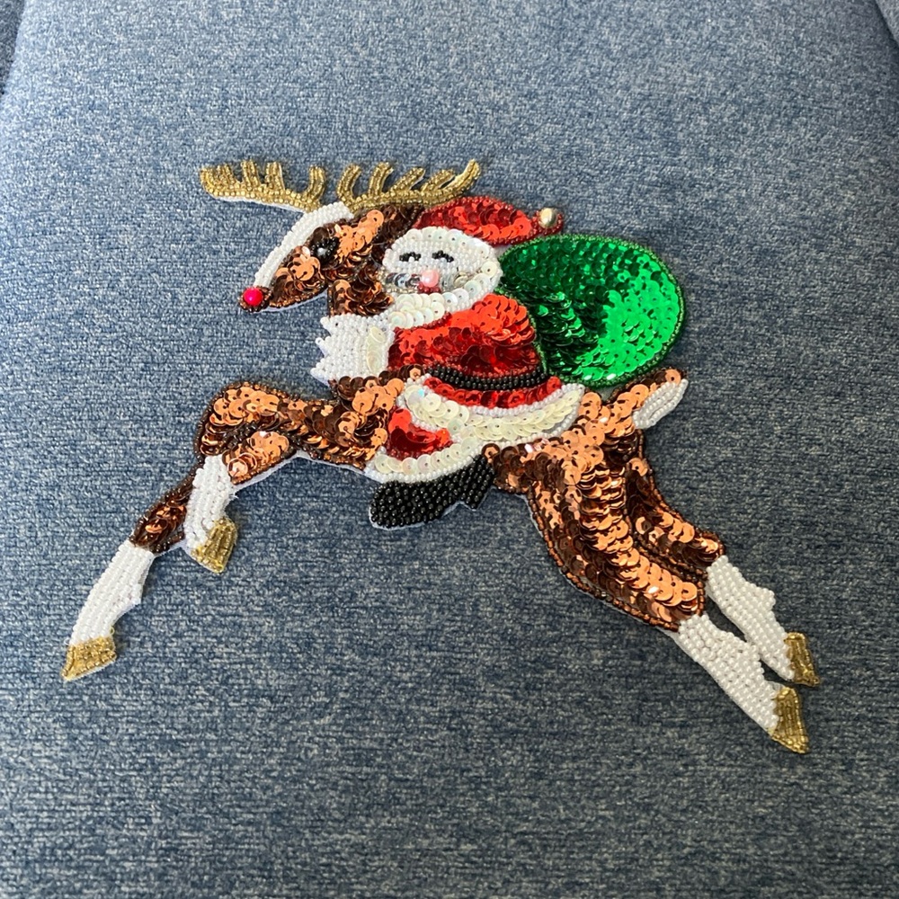 Santa Riding A Reindeer Sequin & Beads Appliqué 7” Wide DIY Sewing NEW